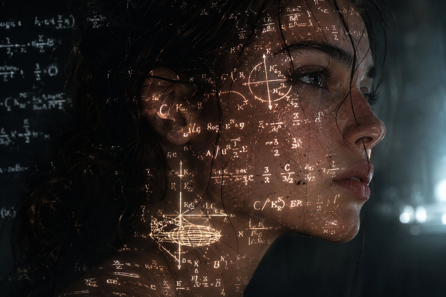 Cyberpunk sci-fi portrait with math equations: GPT Image 2 prompt AI image prompt result