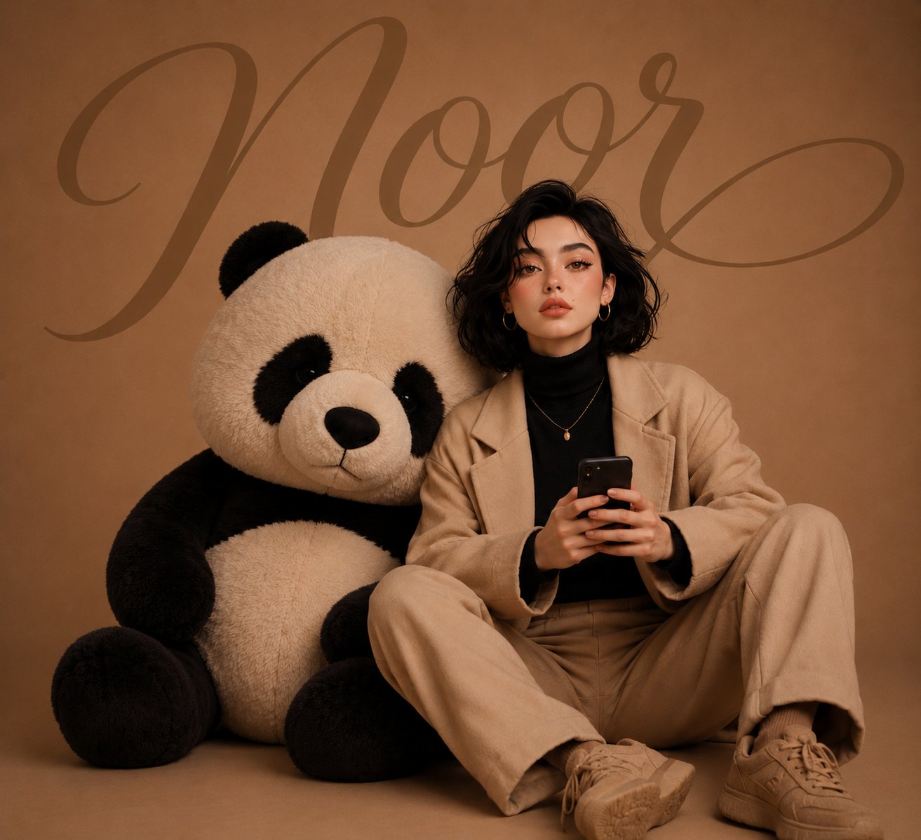 Luxury editorial portrait with oversized panda plush: GPT Image 2 prompt AI image prompt result