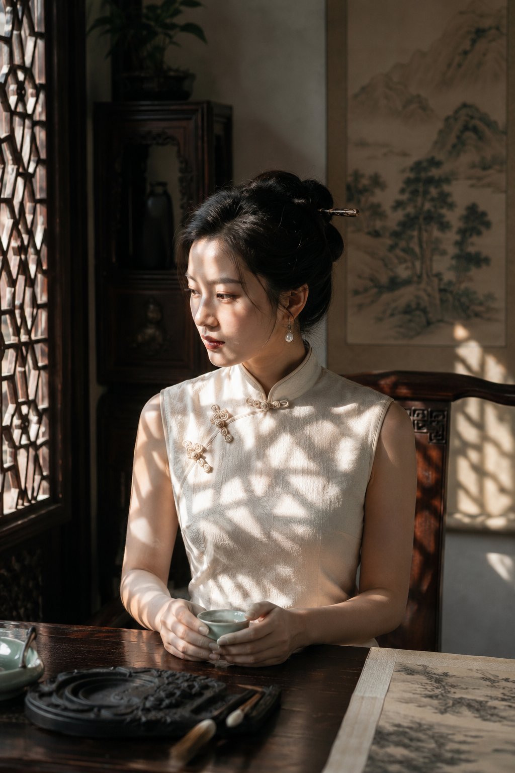 Suzhou garden qipao portrait with lattice light: GPT Image 2 prompt AI image prompt result