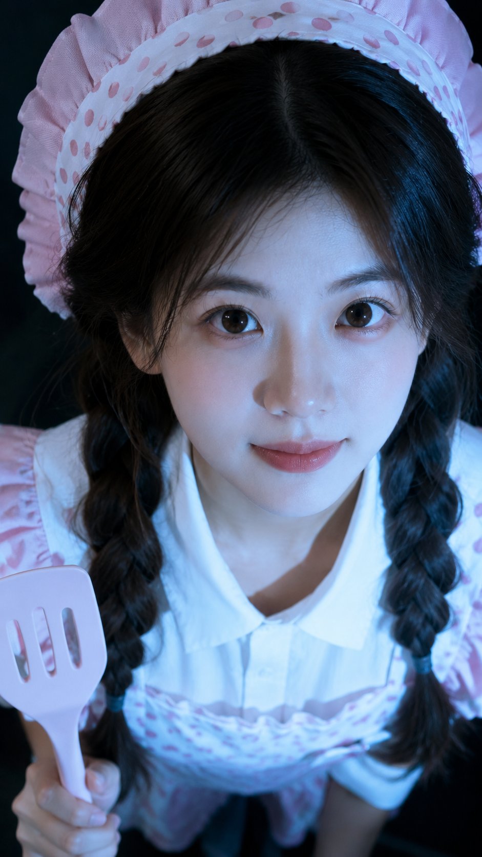 Maid-style portrait under cool blue flash: GPT Image 2 prompt AI image prompt result