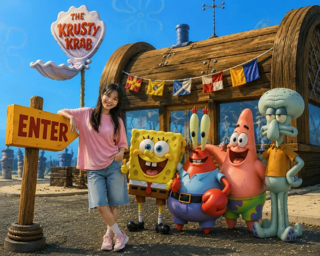 Asian woman with 3D claymation SpongeBob: GPT Image 2 prompt AI image prompt result