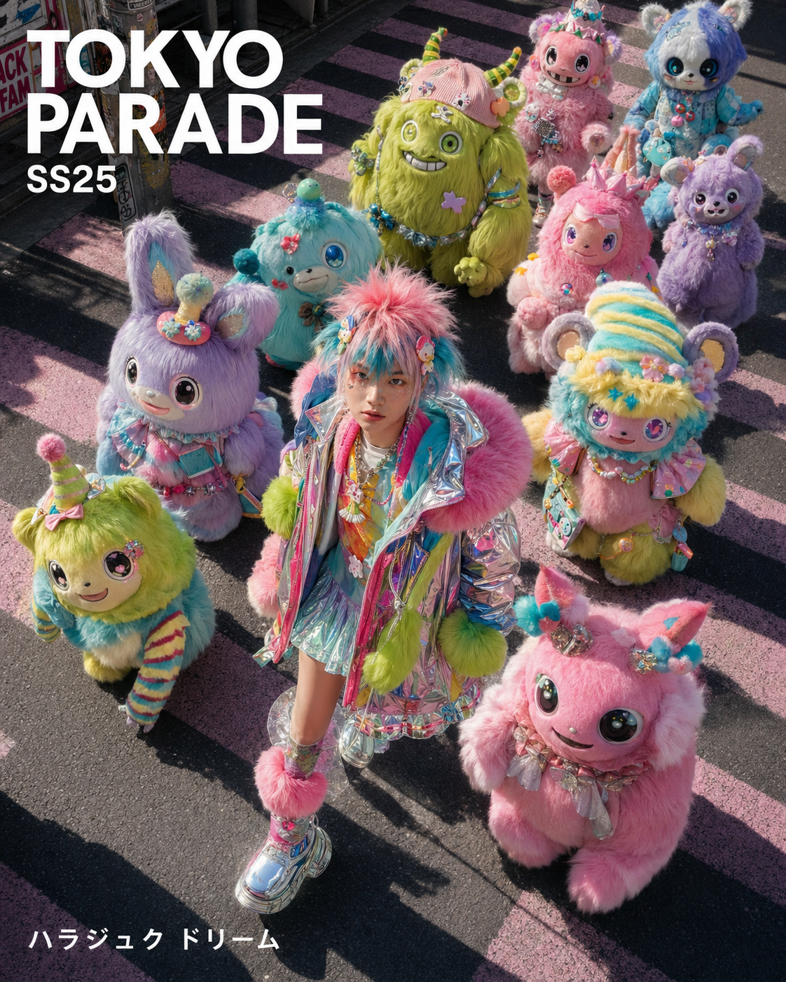 A surreal and vibrant high-fashion editorial advertisement in a [MOOD] Harajuku… AI image prompt example