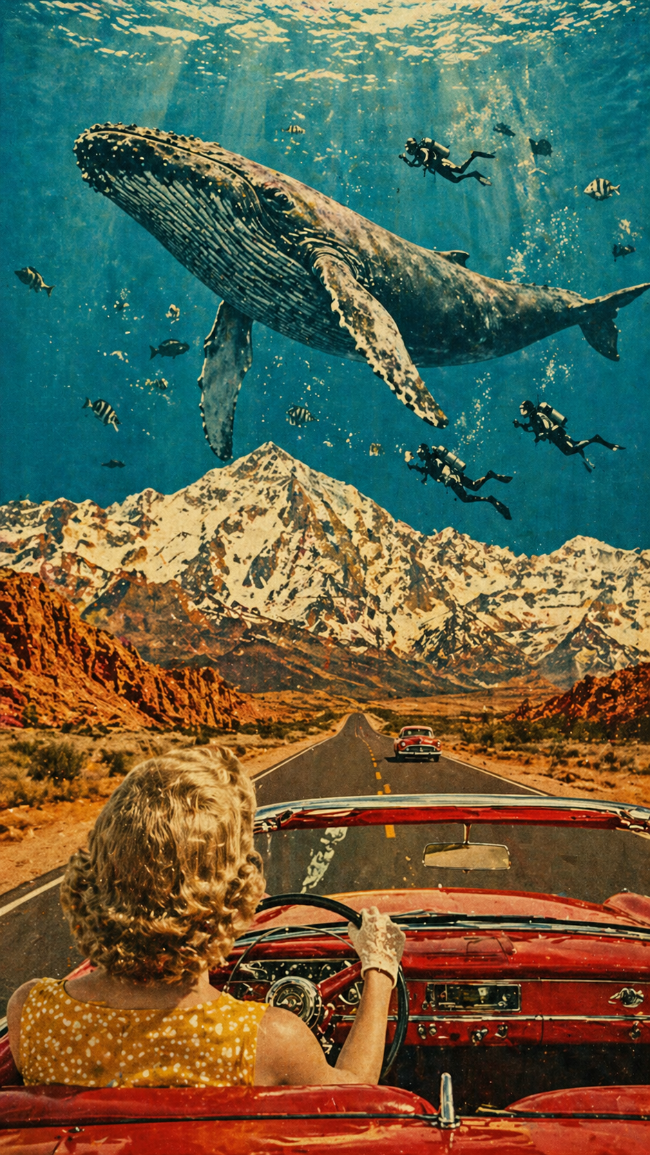 A surrealist vintage mixed-media collage with a whimsical and dreamlike [MOOD],… AI image prompt example