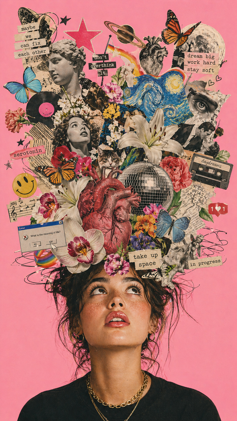 A vibrant, eclectic mixed-media digital collage with a surrealist and maximalis… AI image prompt result
