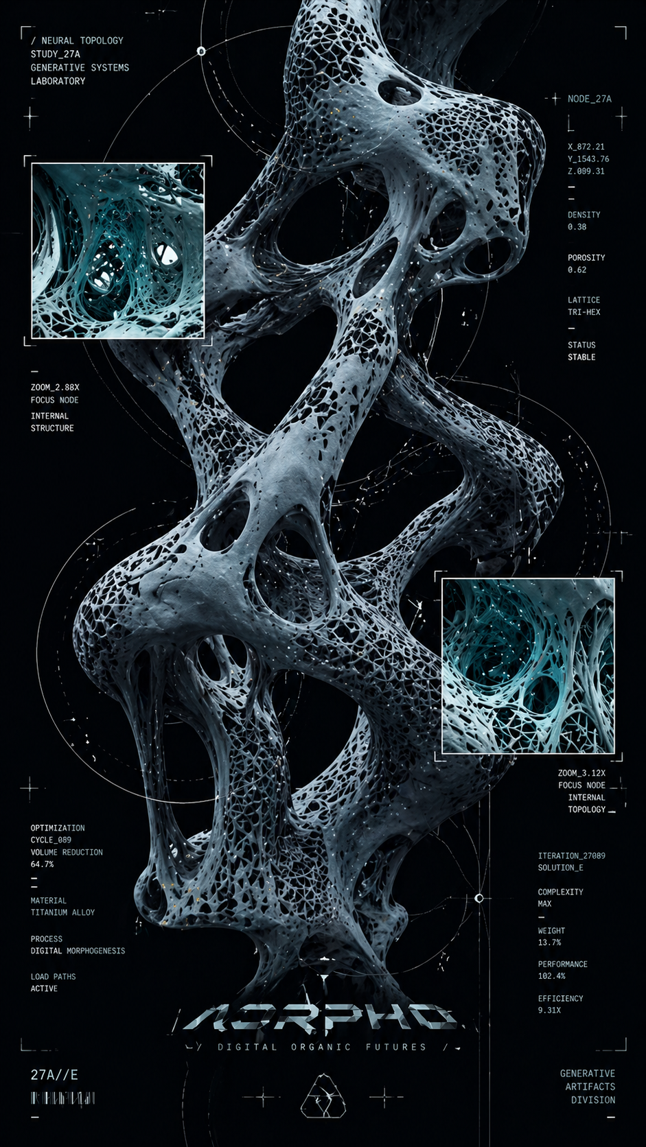 A sophisticated [MOOD] graphic poster featuring a complex, generative [MAIN_SUB… AI image prompt example