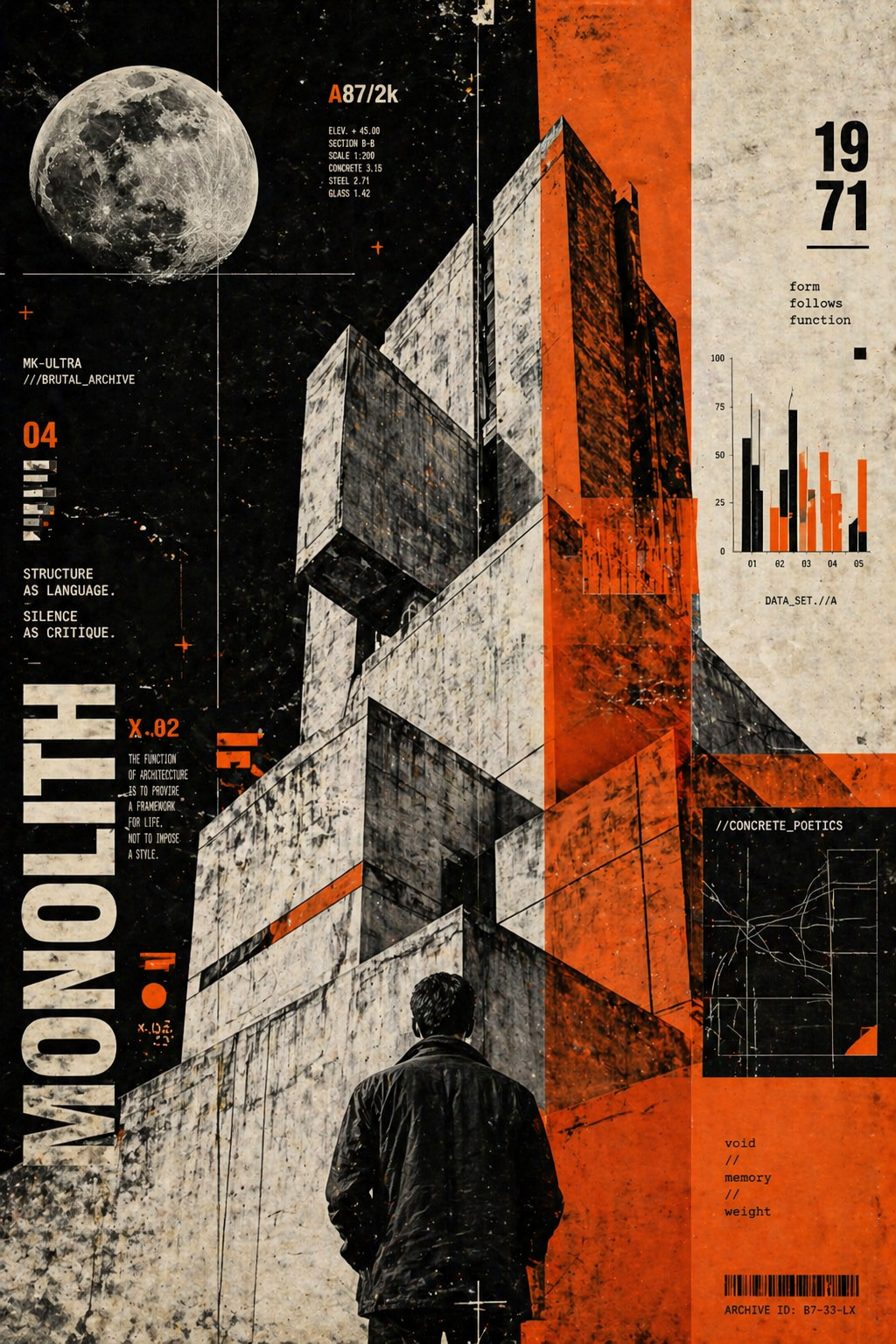 A sophisticated mixed-media architectural collage with a high-contrast [COLOR_S… AI image prompt example