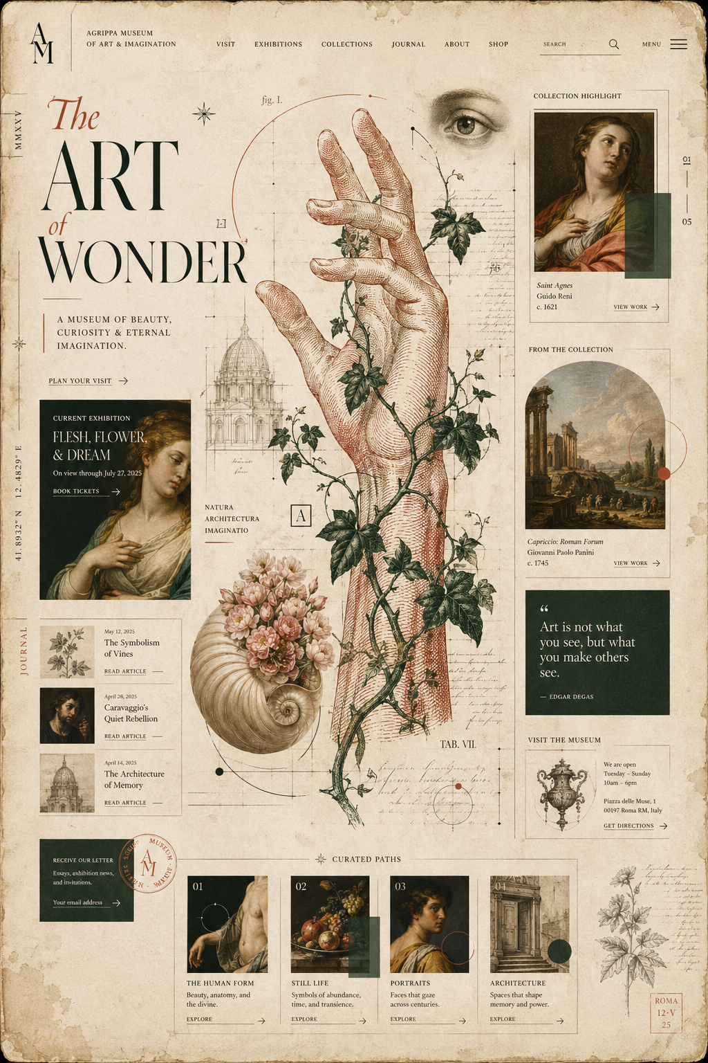 A sophisticated digital collage and web-design interface in a neo-surrealist an… AI image prompt example