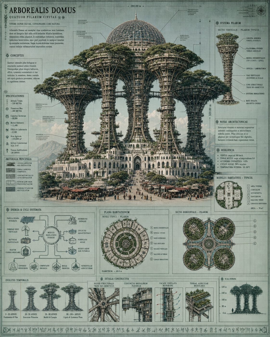 A highly detailed architectural illustration and technical diagram page, render… AI image prompt example