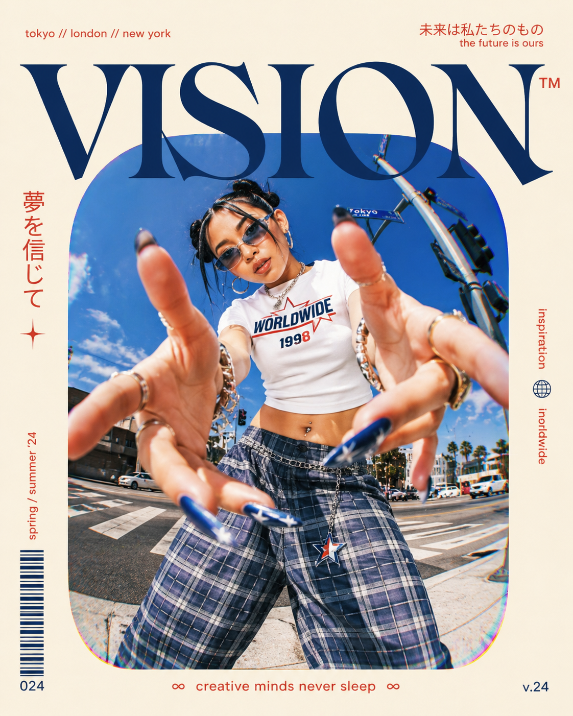 A high-fashion magazine editorial layout with a distinct Y2K streetwear aesthet… AI image prompt example