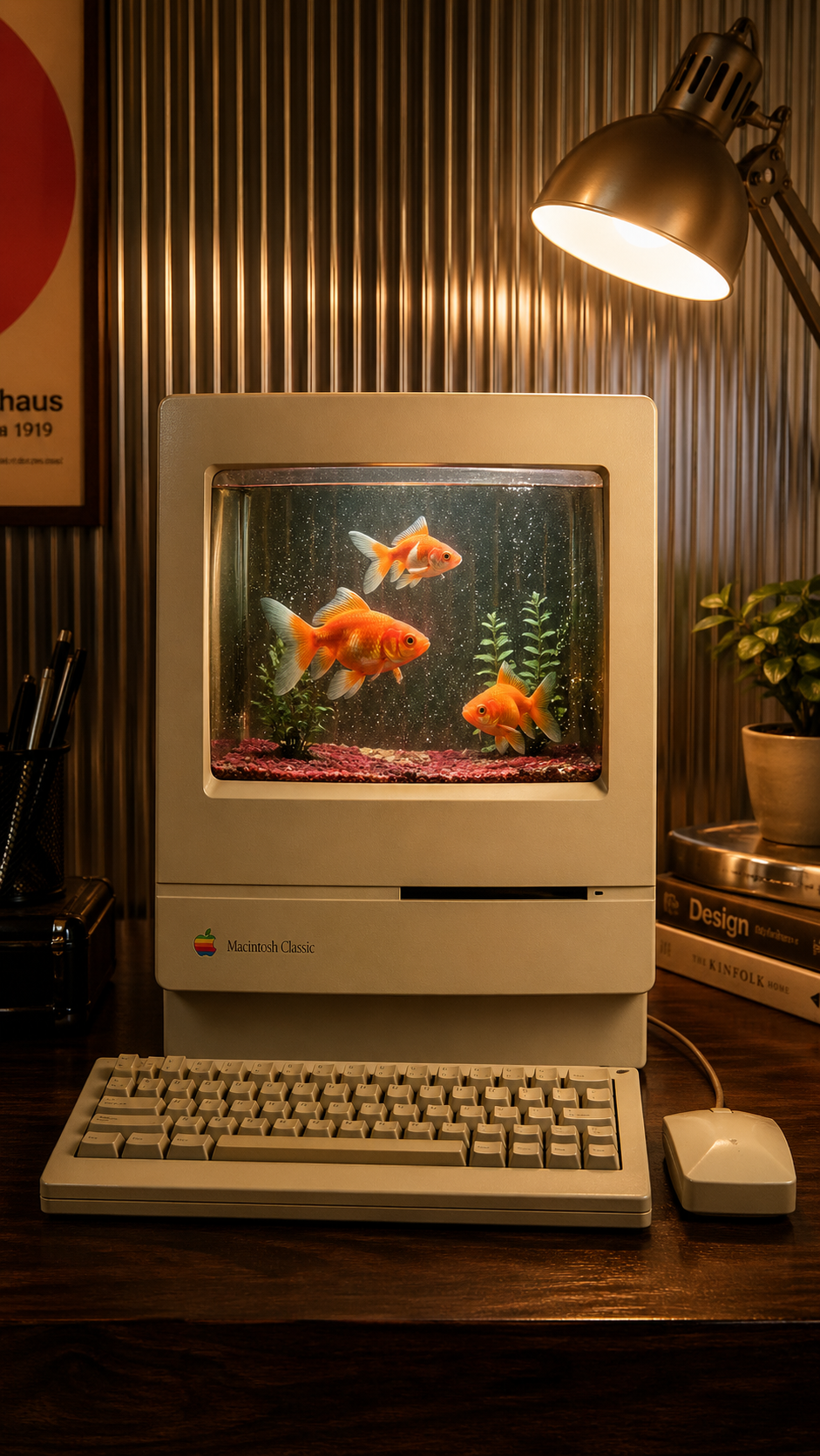 A centered, photorealistic 3D still life render of a vintage beige computer-aqu… AI image prompt example