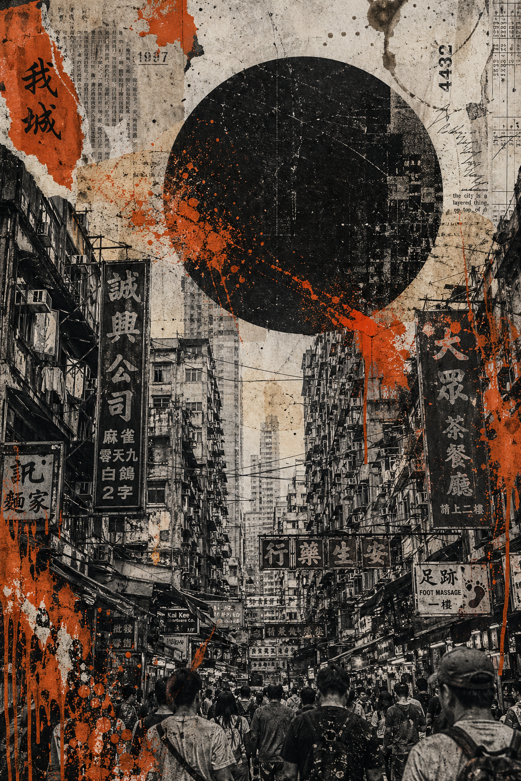 A complex, multi-layered urban mixed-media collage with a raw, industrial [MOOD… AI image prompt example