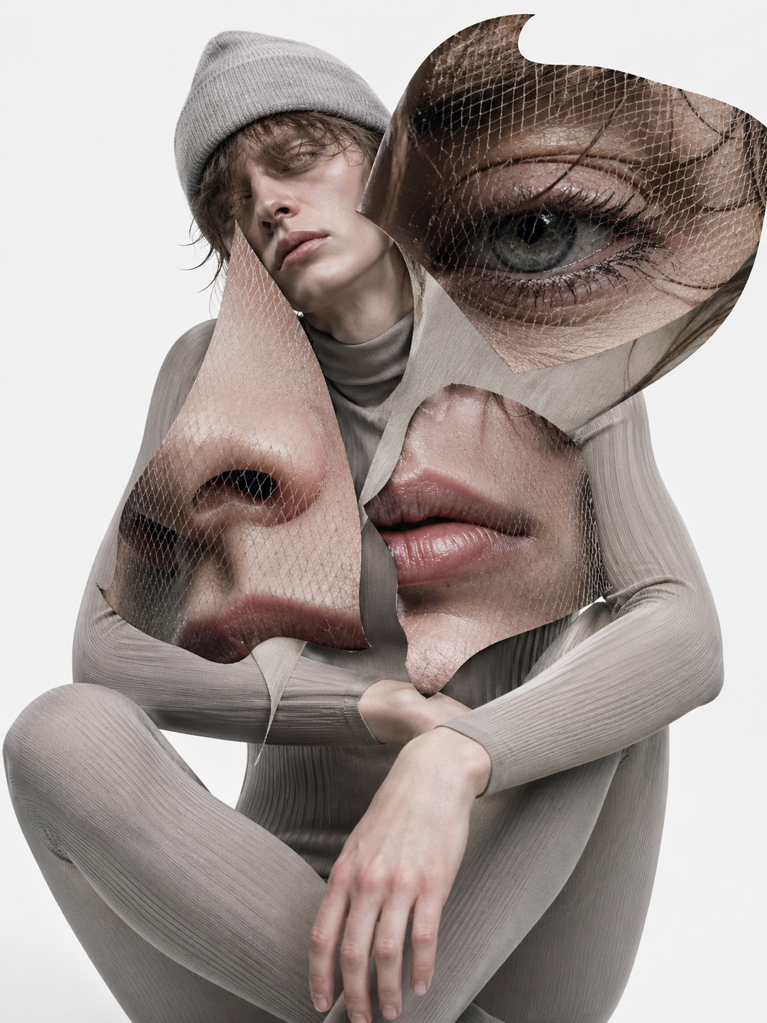 An avant-garde fashion photography collage in a surrealist, deconstructed [MOOD… AI image prompt example