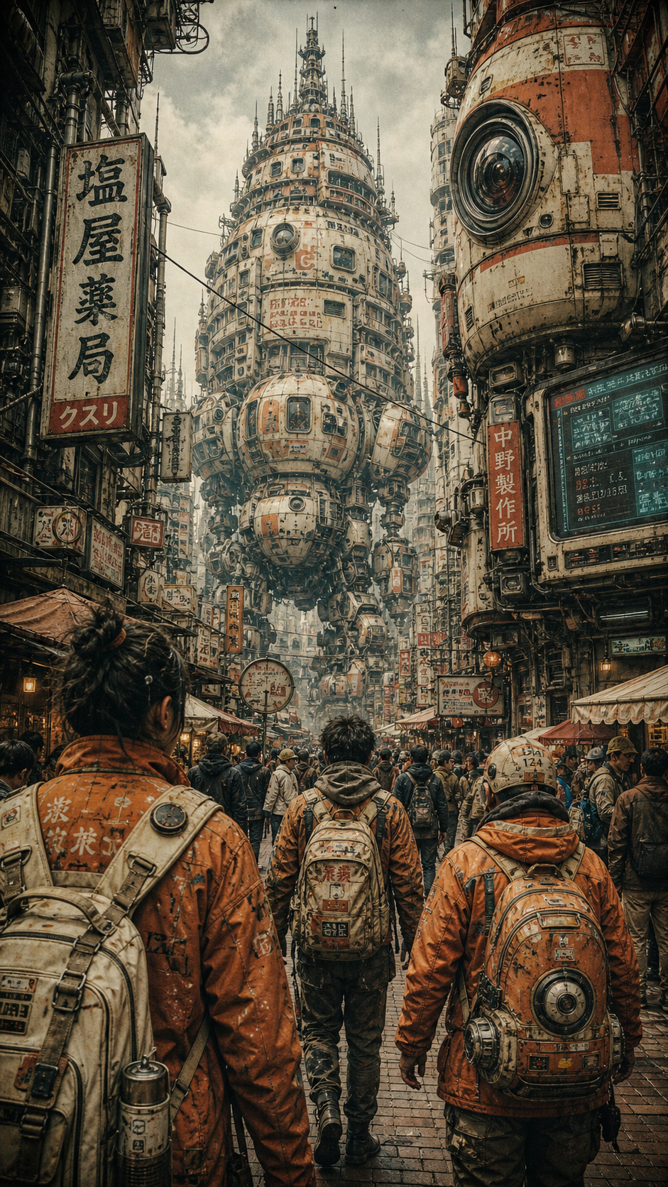 A detailed, grimy, retro-futuristic painterly illustration of a densely populat… AI image prompt example