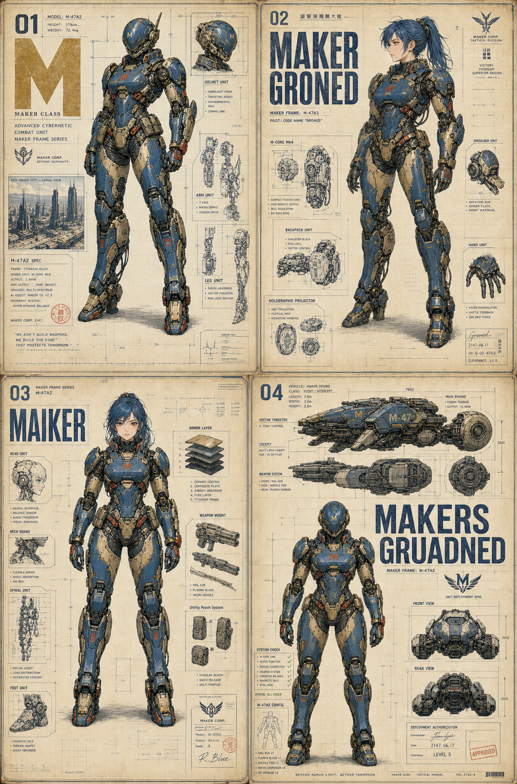 A four-panel grid layout from a detailed sci-fi technical concept art book or j… AI image prompt example