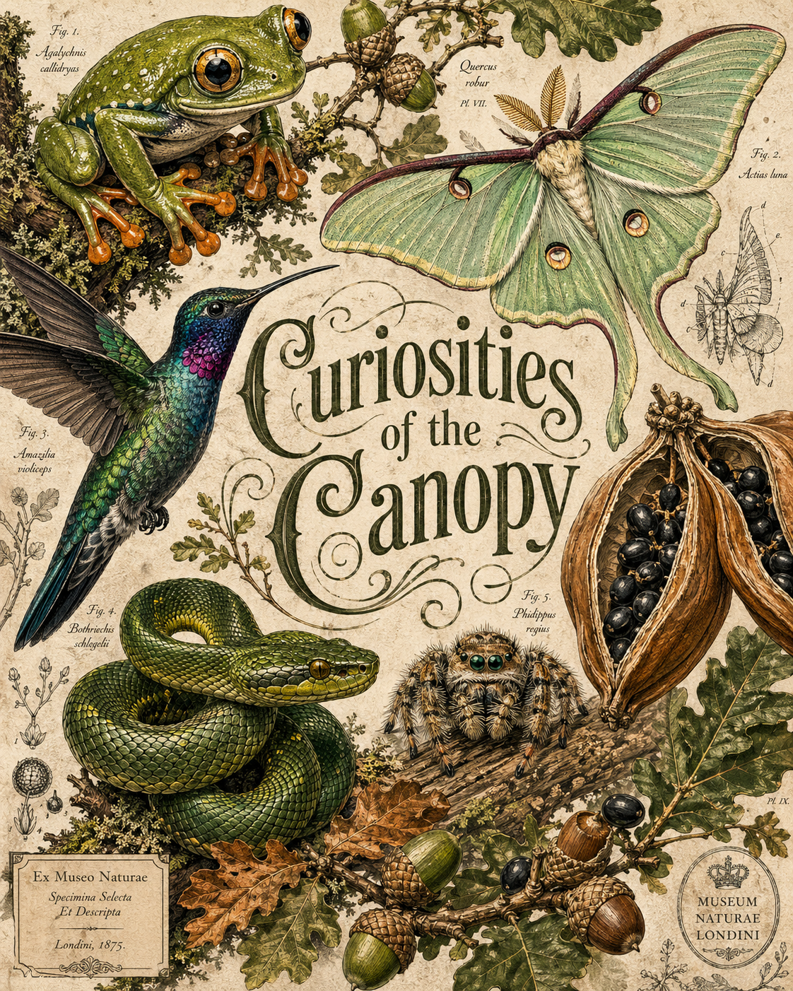 A sophisticated digital collage in a vintage natural history illustration style… AI image prompt example