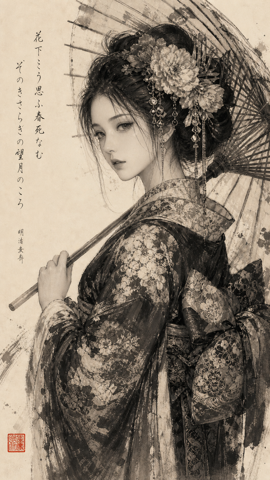 A masterful, highly detailed monochromatic digital illustration and graphite sk… AI image prompt example