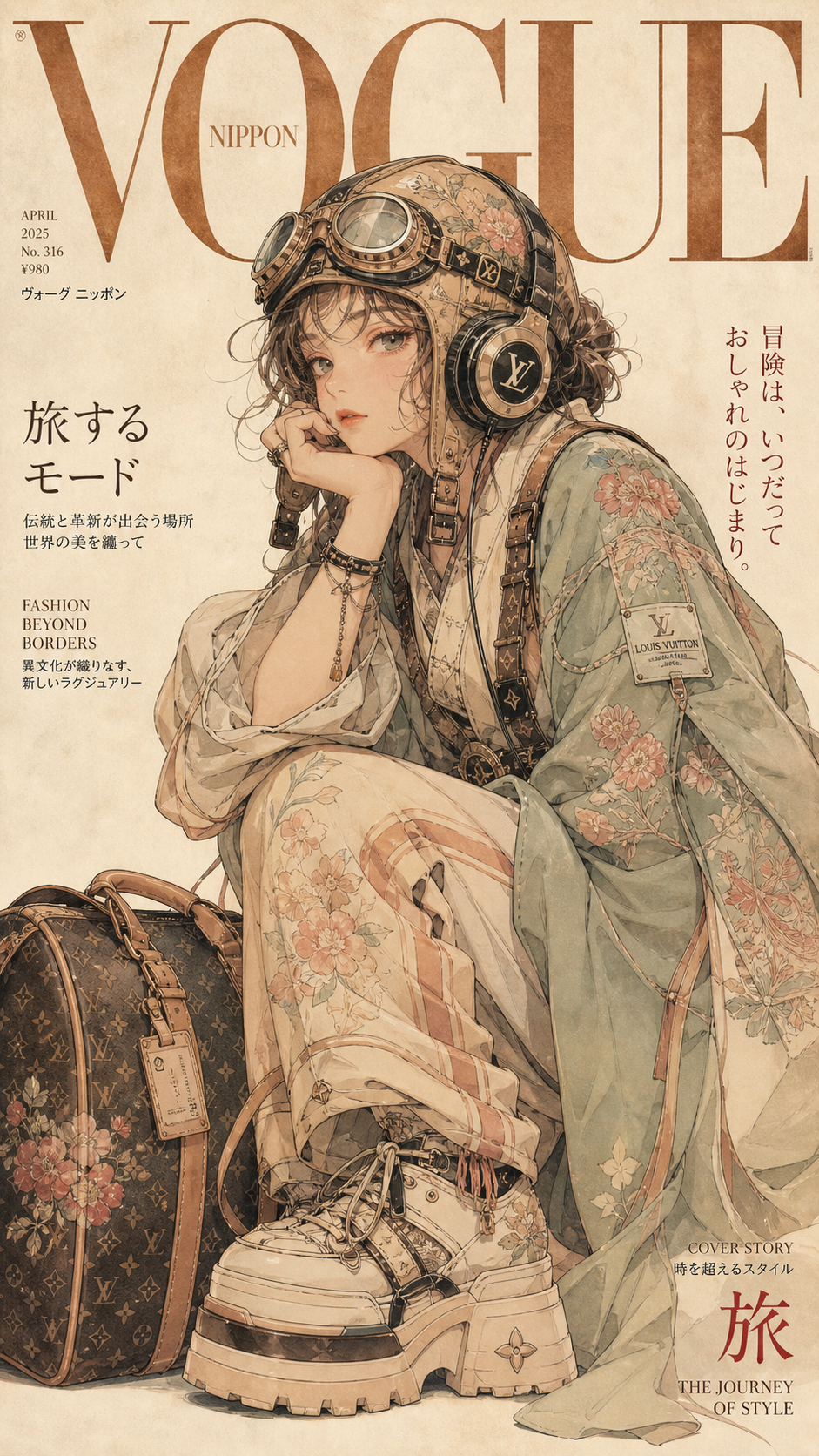 A highly detailed, vintage 2D digital illustration and high-fashion editorial m… AI image prompt example