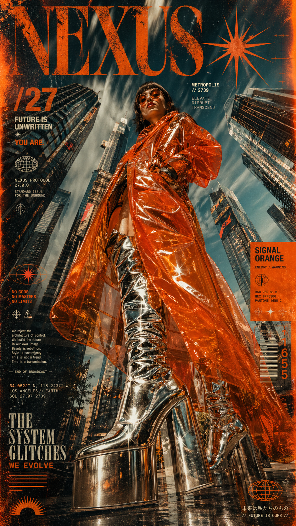 A high-fashion avant-garde editorial poster in a retro-futuristic, cinematic st… AI image prompt example