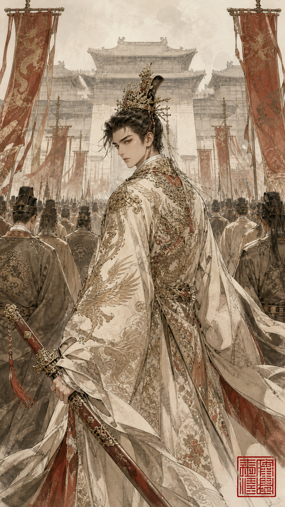 A highly detailed, traditional East Asian ink wash and modern digital illustrat… AI image prompt example