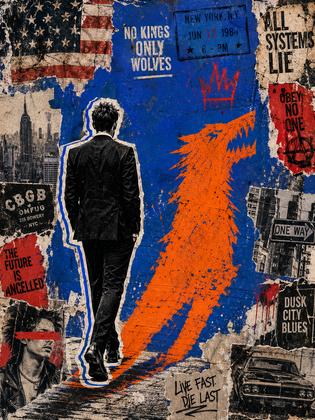 A dynamic mixed-media street-art collage with a raw, punk-rock [MOOD], blending… AI image prompt example