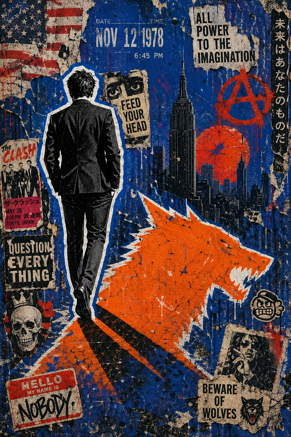 A dynamic mixed-media street-art collage with a raw, punk-rock [MOOD], blending… AI image prompt example