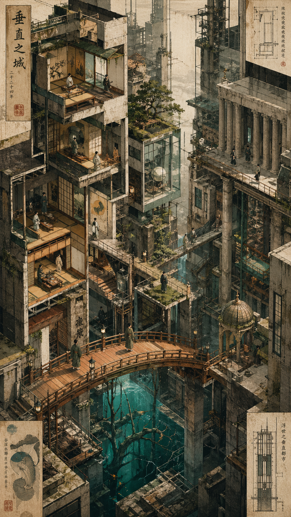 A complex, hyper-detailed architectural isometric collage and digital illustrat… AI image prompt example