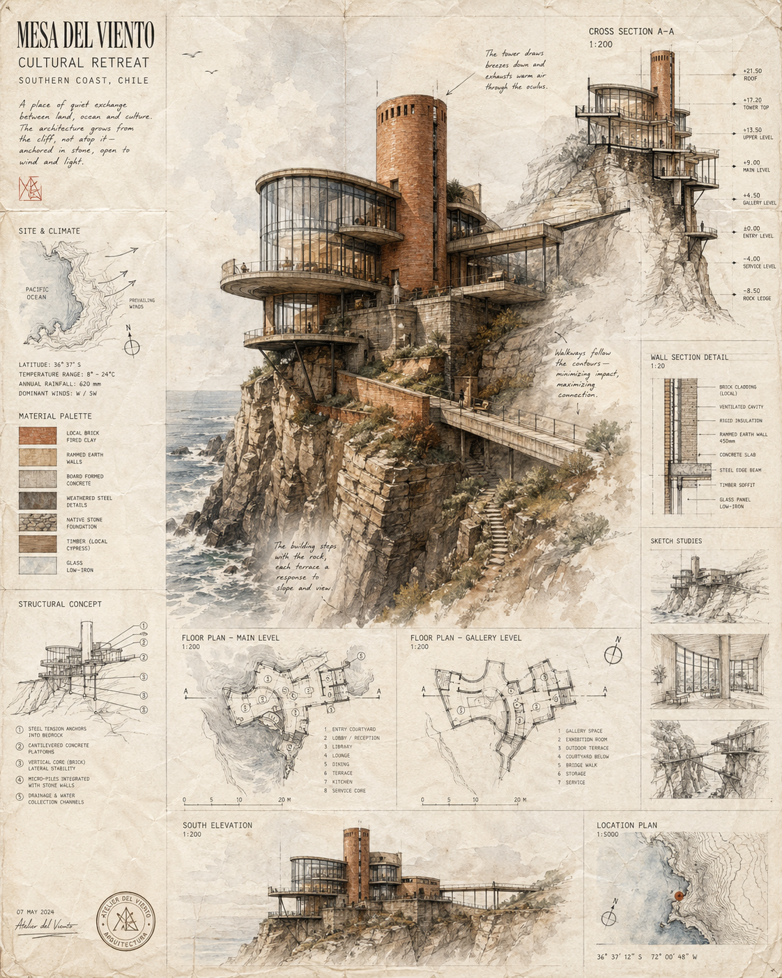 A sophisticated architectural concept drawing and technical diagram in a vintag… AI image prompt example