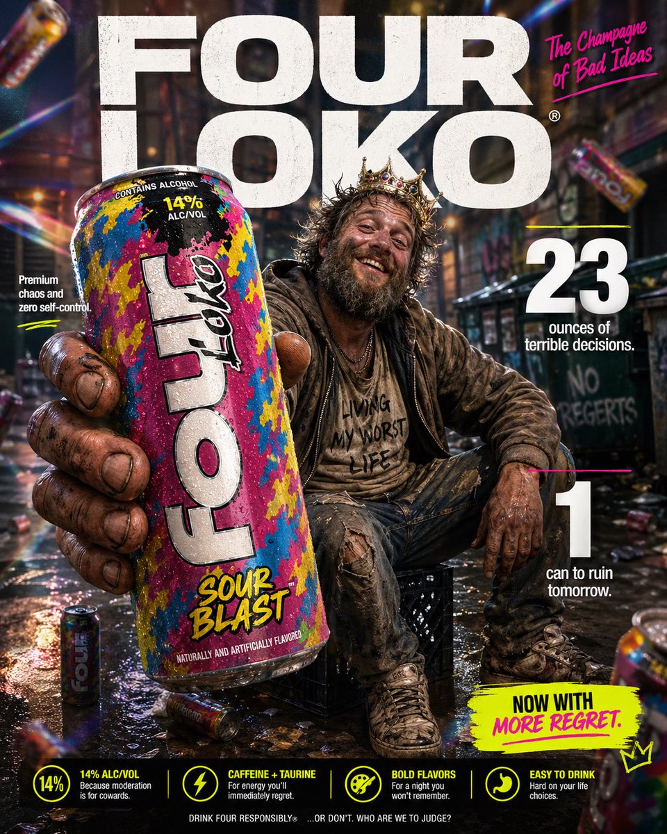 Four Loko parody ecommerce ad: GPT Image 2 prompt AI image prompt result