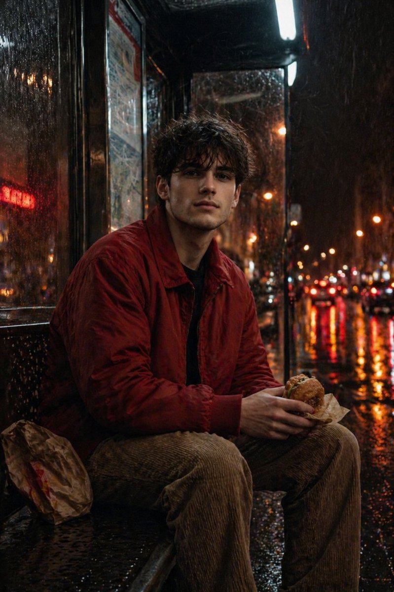 Rainy bus stop burger portrait: GPT Image 2 prompt AI image prompt result