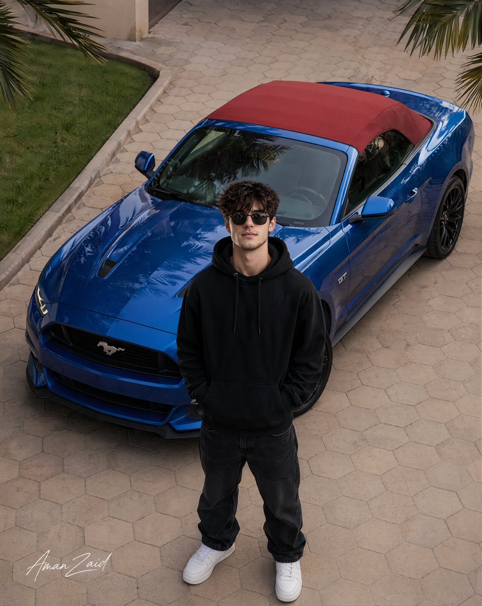 Slim man with blue 2017 Mustang: GPT Image 2 prompt AI image prompt result