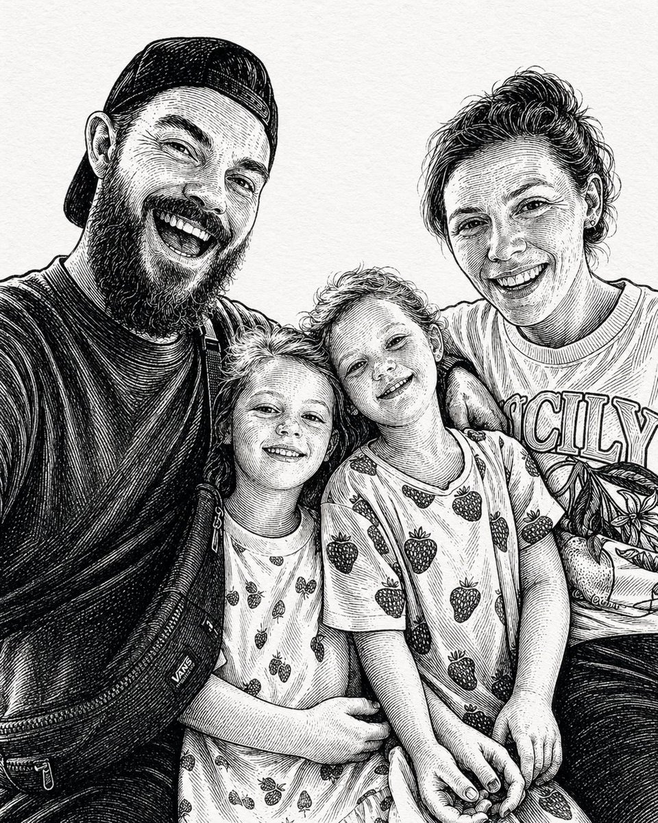 Pen-and-ink family portrait: GPT Image 2 prompt AI image prompt result