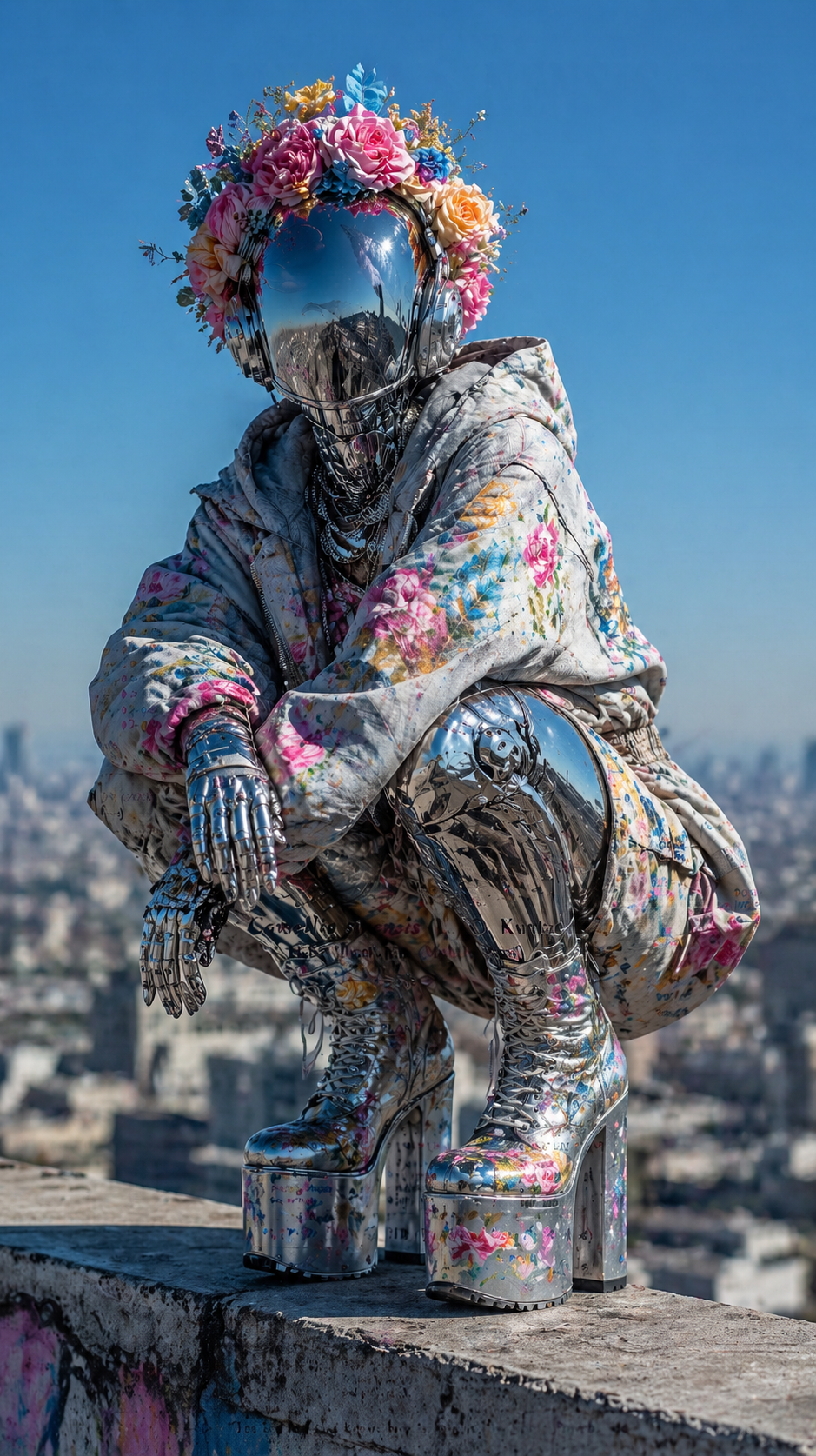 A high-fashion, surreal cyberpunk-inspired medium full shot, based on image_0 AI image prompt example