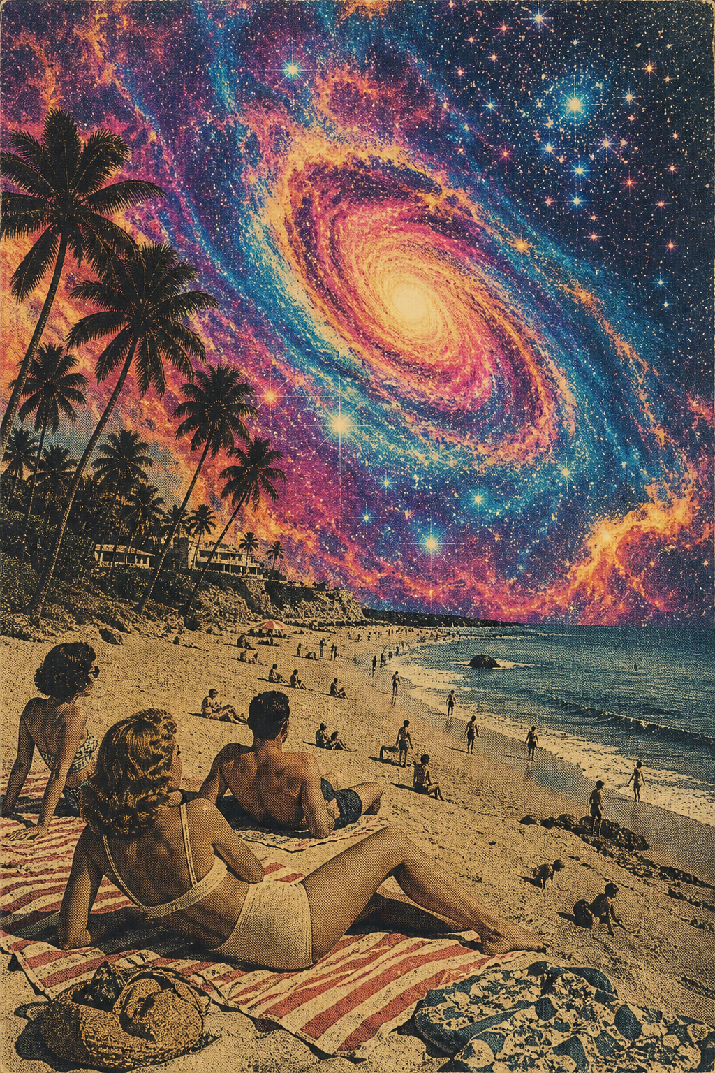 A surreal, retro-futuristic analog collage and halftone print illustration with… AI image prompt example