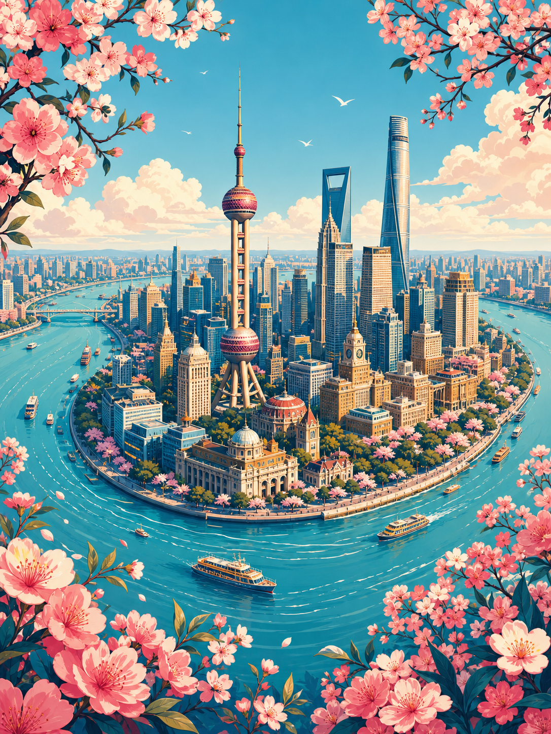 A highly detailed, flat vector illustration in a modern vintage travel poster s… AI image prompt example