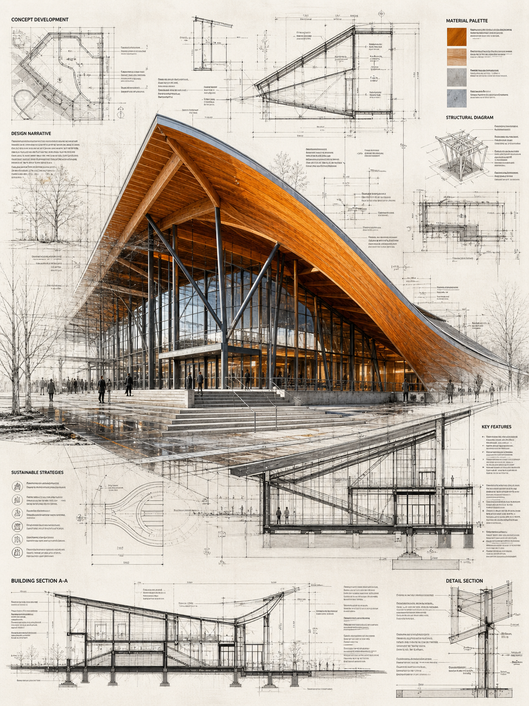 A highly detailed, mixed-media architectural presentation board featuring a [CA… AI image prompt example