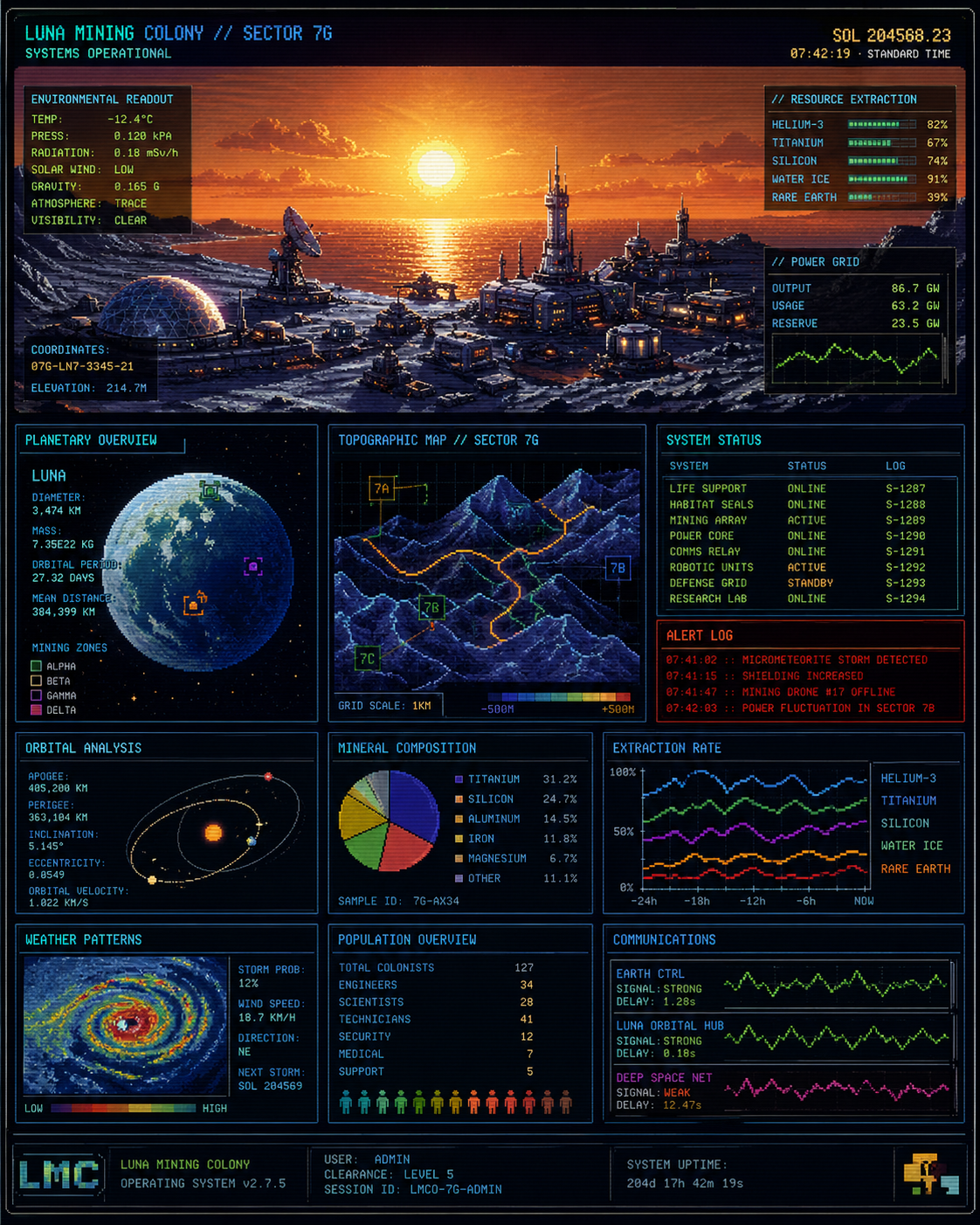 A multi-paneled sci-fi infographic data visualization, rendered in a detailed v… AI image prompt example