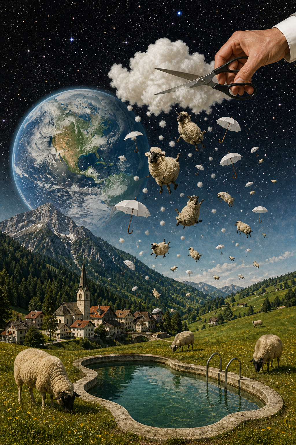 A surrealist, composite-image collage with a whimsical, dreamlike, and eclectic… AI image prompt example