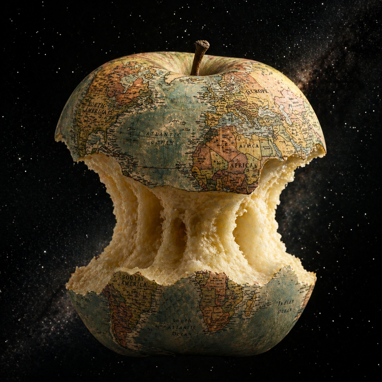 A photorealistic 3D conceptual illustration shows an apple core, where the skin… AI image prompt example