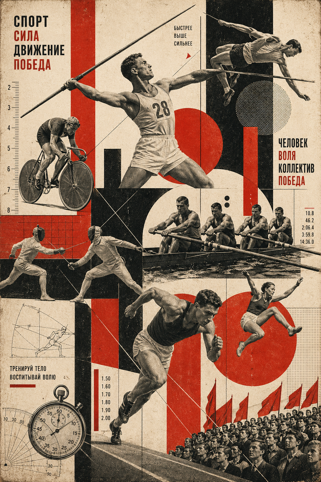A vintage mixed-media collage in a constructivist graphic design style, celebra… AI image prompt example