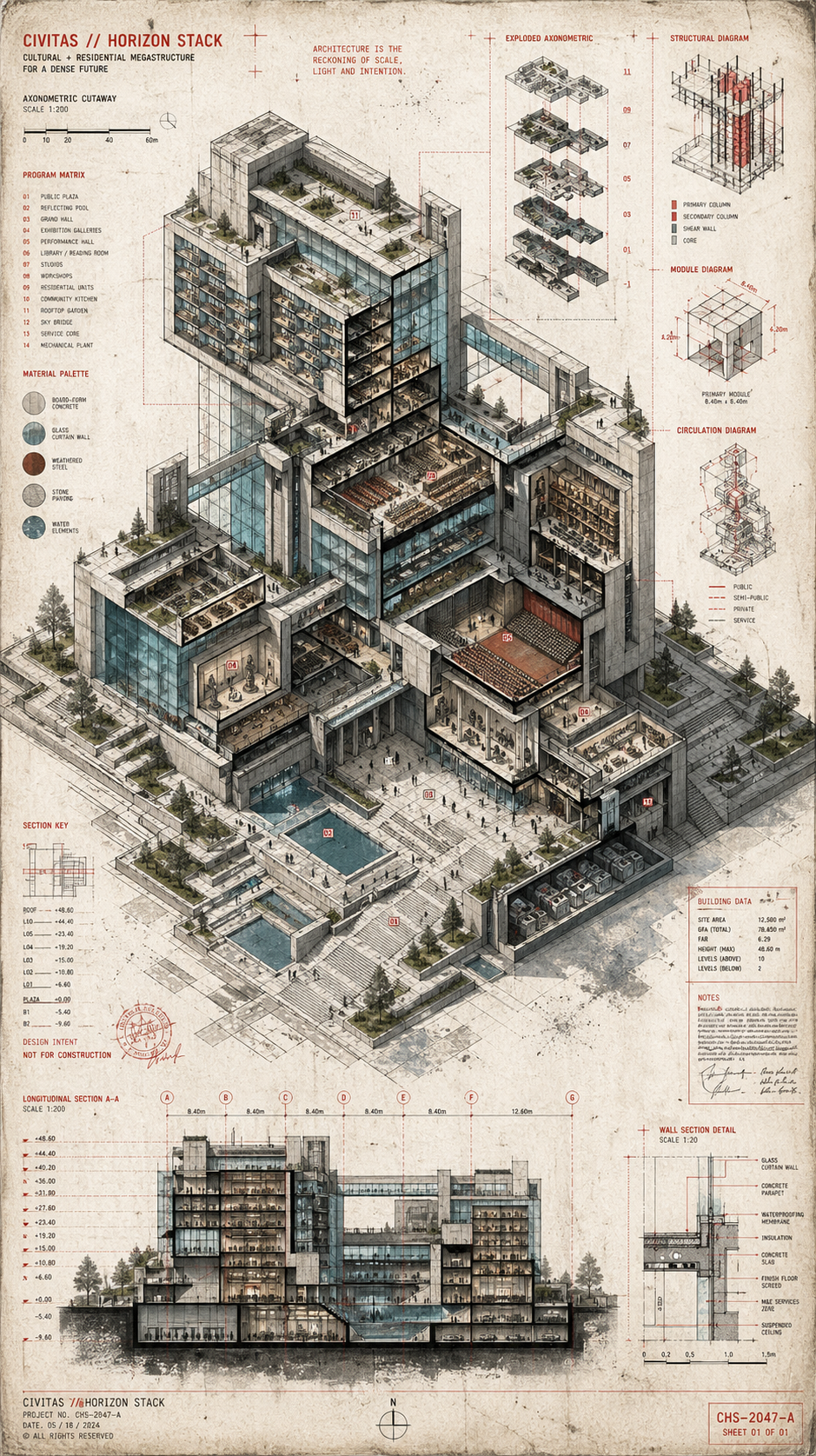 A masterful architectural concept illustration combining precise 3D rendering w… AI image prompt example