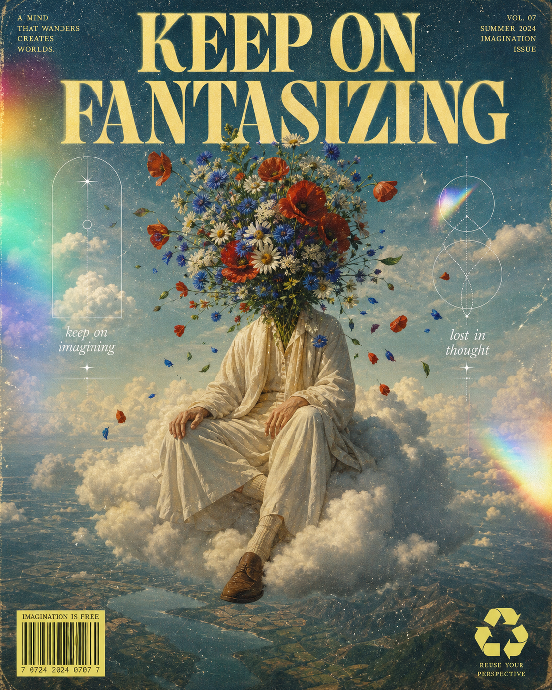 A surrealist, magazine-cover style illustration with a heavy vintage film grain… AI image prompt example