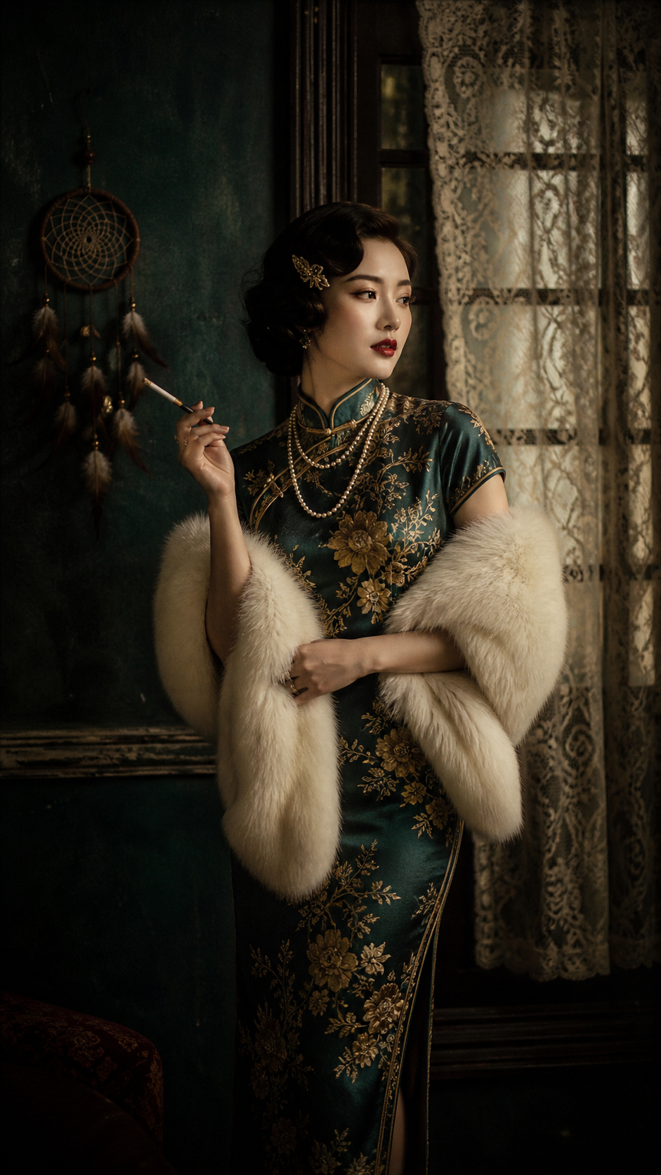 A highly detailed cinematic vintage portrait photograph, evoking the glamorous … AI image prompt example