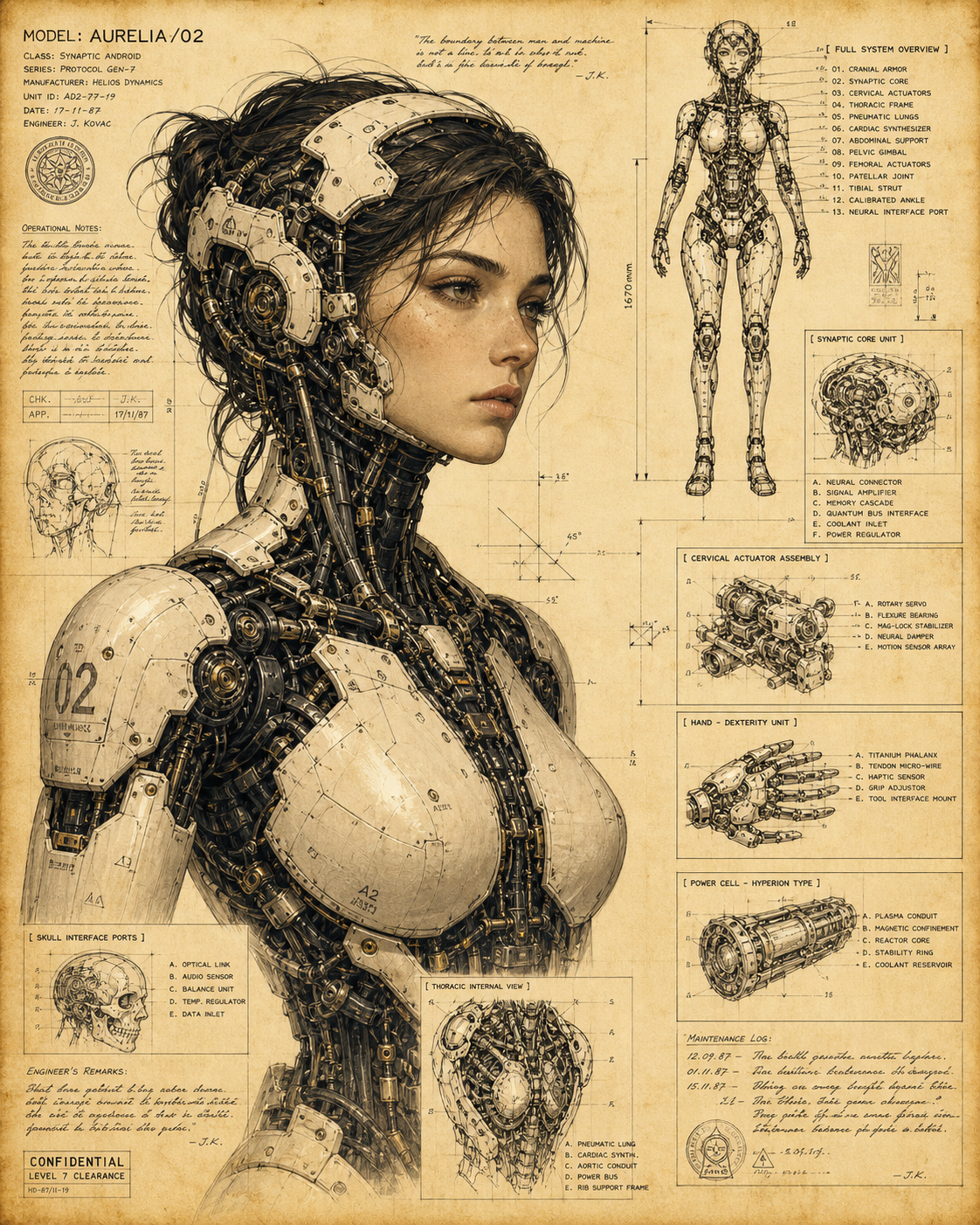 A highly detailed vintage sci-fi technical concept art illustration, blending a… AI image prompt example