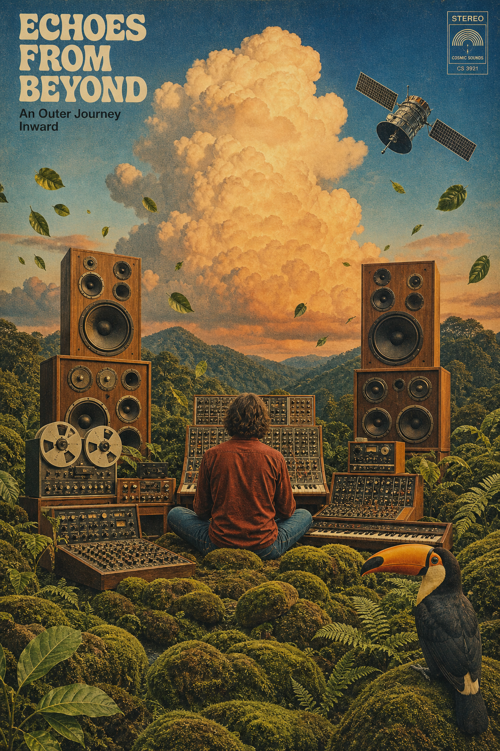 A vintage 1970s style surreal digital collage and retro album cover aesthetic w… AI image prompt example