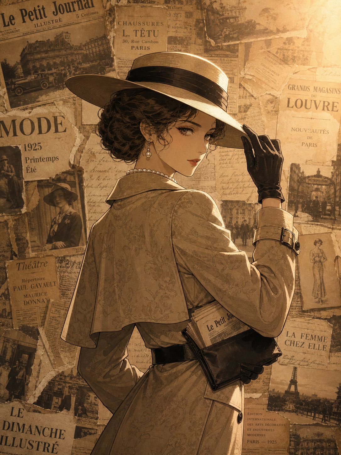 A highly detailed retro anime illustration blending vintage 1920s fashion poste… AI image prompt example