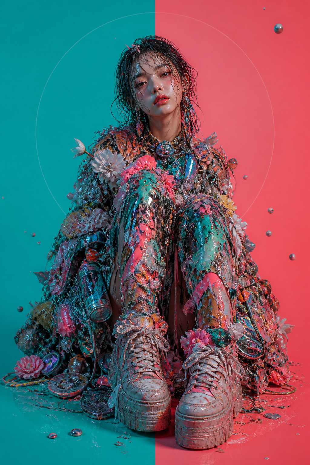[CAMERA_ANGLE], a hyper-detailed, surreal pop-art digital illustration blending… AI image prompt example