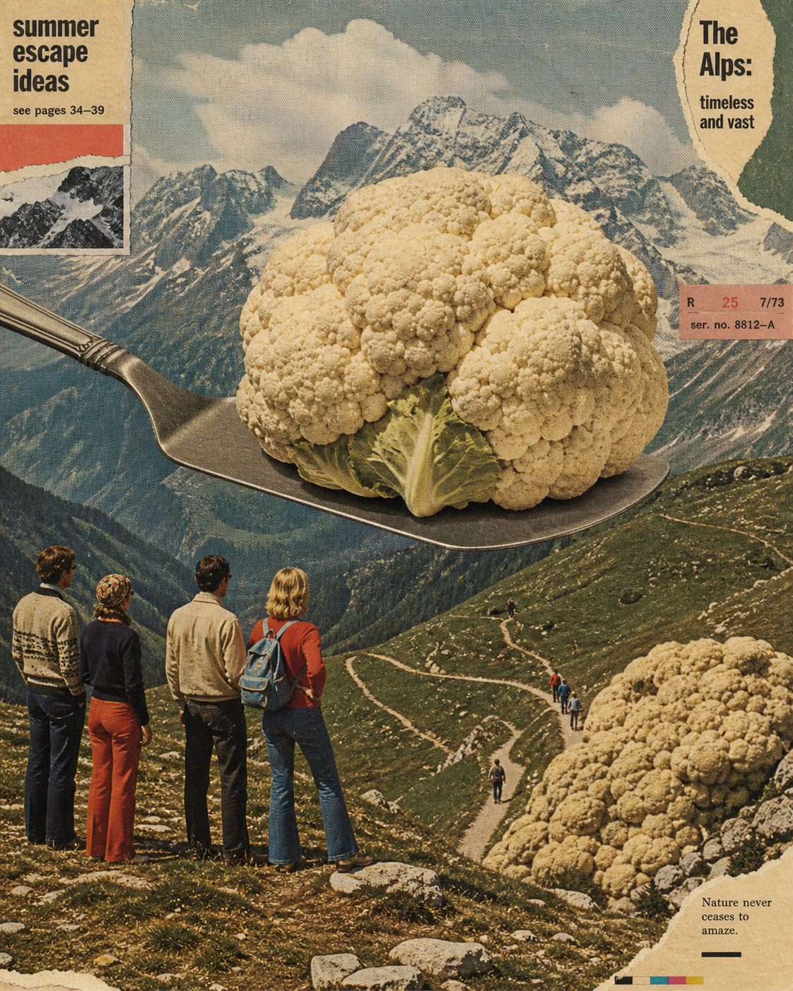 A vintage 1970s style surreal digital collage featuring a massive [MAIN_SUBJECT… AI image prompt example