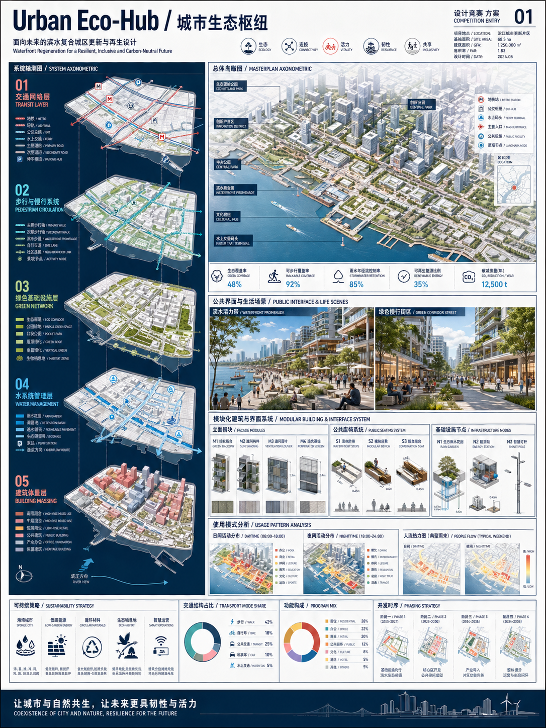 A professional architectural competition board and technical infographic, featu… AI image prompt example