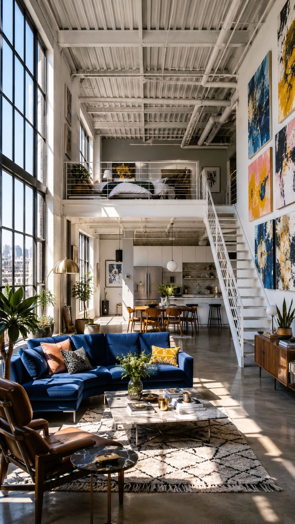 A high-end, cinematic architectural photograph of a spacious, double-height [MA… AI image prompt example