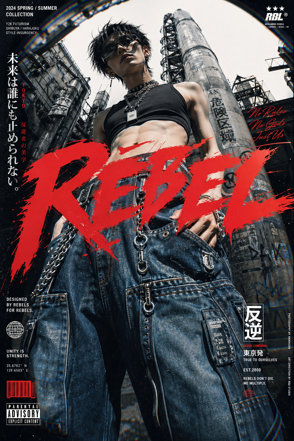 A high-fashion avant-garde editorial poster in a Y2K streetwear aesthetic, feat… AI image prompt result